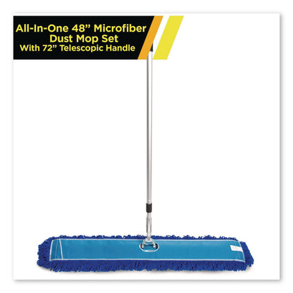 Gritt Commercial All-In-One Microfiber Dust Mop Set with Telescopic Handle, 48 x 5, Blue Microfiber Head, 40" to 72" Silver Aluminum Handle (GCEGRI17448T)