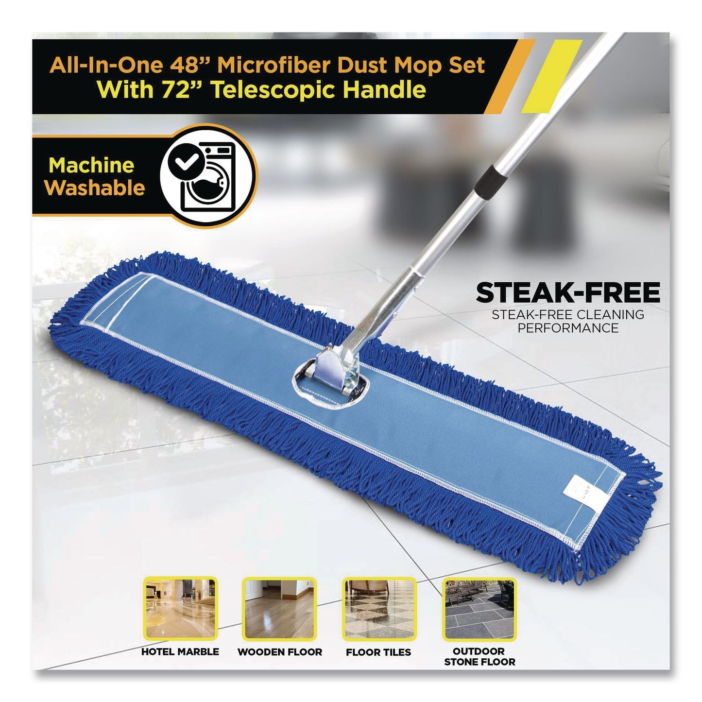 Gritt Commercial All-In-One Microfiber Dust Mop Set with Telescopic Handle, 48 x 5, Blue Microfiber Head, 72" Silver Aluminum Handle, 4/Kit (GCEGRI17448T4PK)