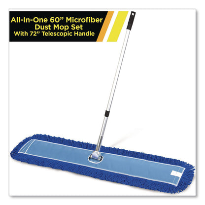 Gritt Commercial All-In-One Microfiber Dust Mop Set with Telescopic Handle, 60 x 5, Blue Microfiber Head, 40" to 72" Silver Aluminum Handle (GCEGRI17460T)
