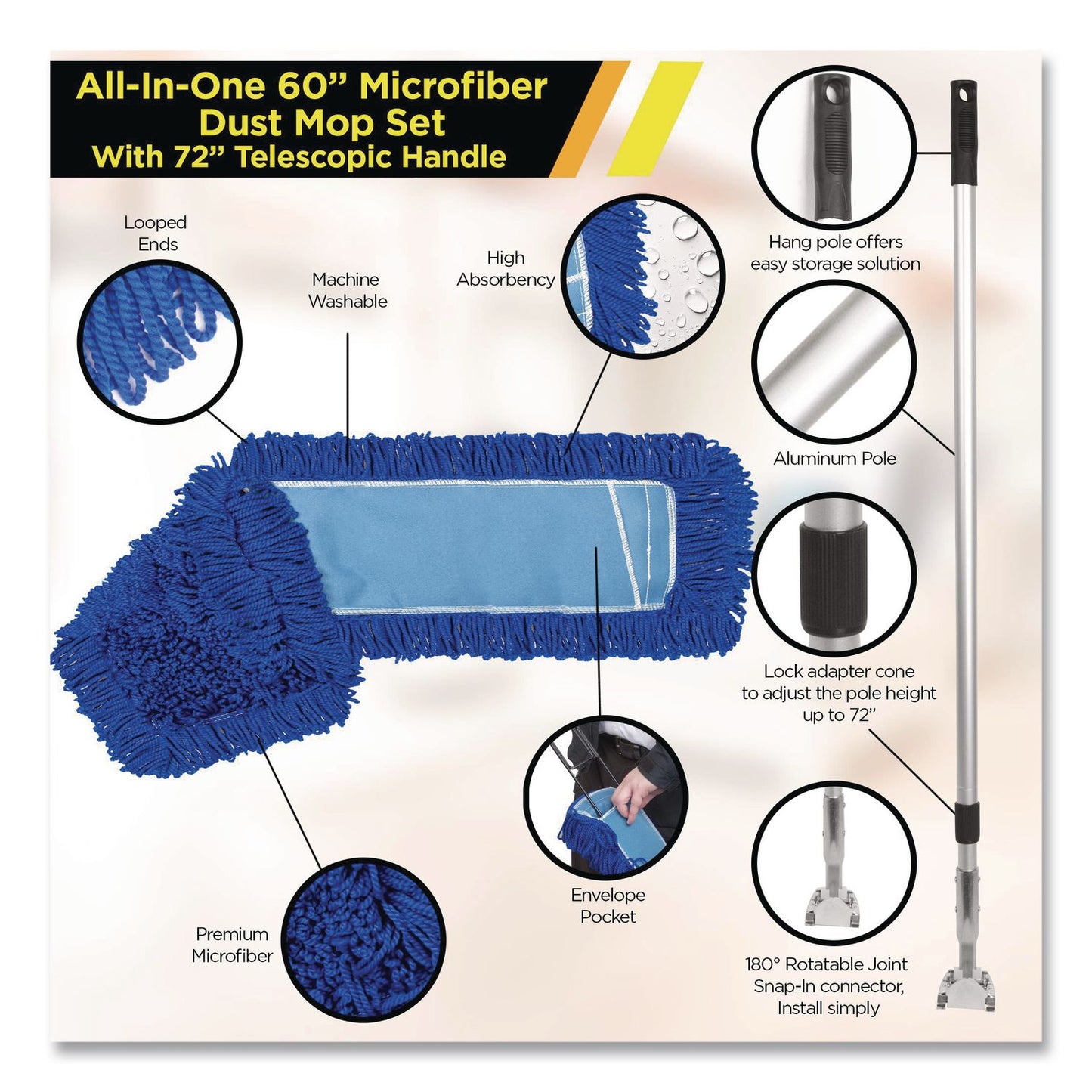Gritt Commercial All-In-One Microfiber Dust Mop Set with Telescopic Handle, 60 x 5, Blue Microfiber Head, 72" Silver Aluminum Handle, 4/Kit (GCEGRI17460T4PK)