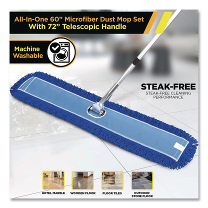 Gritt Commercial All-In-One Microfiber Dust Mop Set with Telescopic Handle, 60 x 5, Blue Microfiber Head, 72" Silver Aluminum Handle, 4/Kit (GCEGRI17460T4PK)