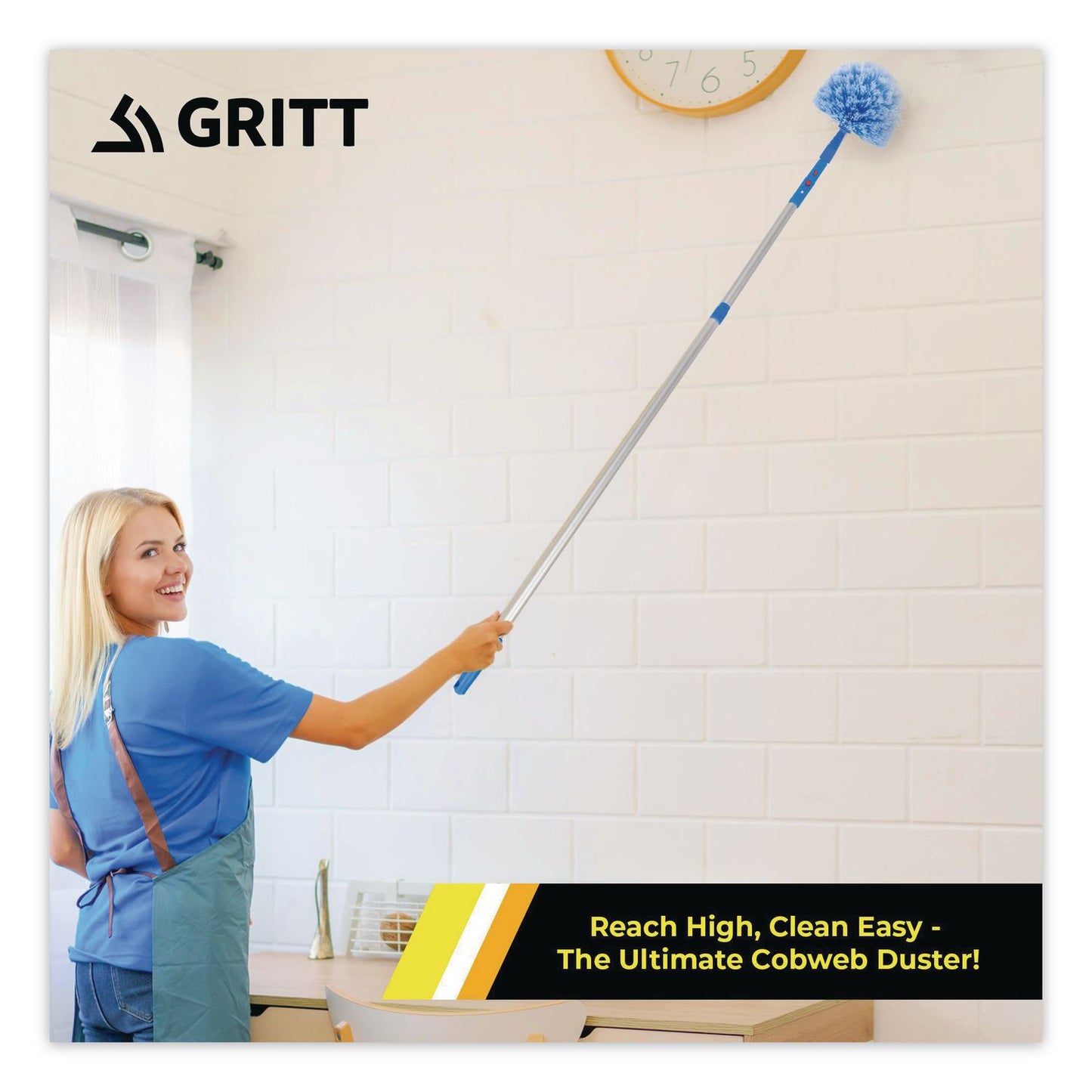 Gritt Commercial Cobweb/Corner Duster Brush with Telescopic Pole, 3 ft to 6 ft Handle (GCEGRI1026F)