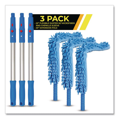 Gritt Commercial Flexible Wand Duster with Microfiber and Chenille Sleeve and 20" Pole, 3/Kit (GCEGRI17520I3PK)
