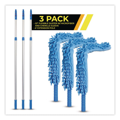 Gritt Commercial Flexible Wand Duster with Microfiber and Chenille Sleeve and 6 ft Telescopic Pole, 3/Kit (GCEGRI1756F3PK)