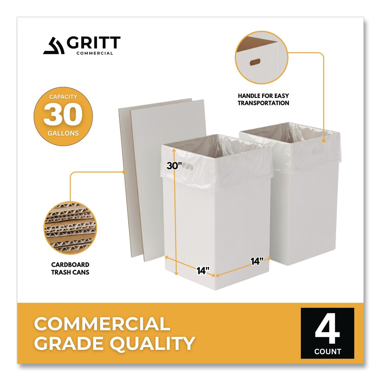 Gritt Commercial 30 Gallon Corrugated Cardboard Trash Can and Recycling Container, White, 4/Carton (GCEGRI52030G4)