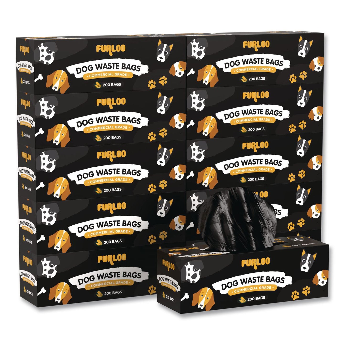 Furloo Commercial Grade Dog Waste Station Refill Bags, Open-Face, 8" x 13", Black, 200 Bags/Roll, 10/Carton (GCEFLO210)