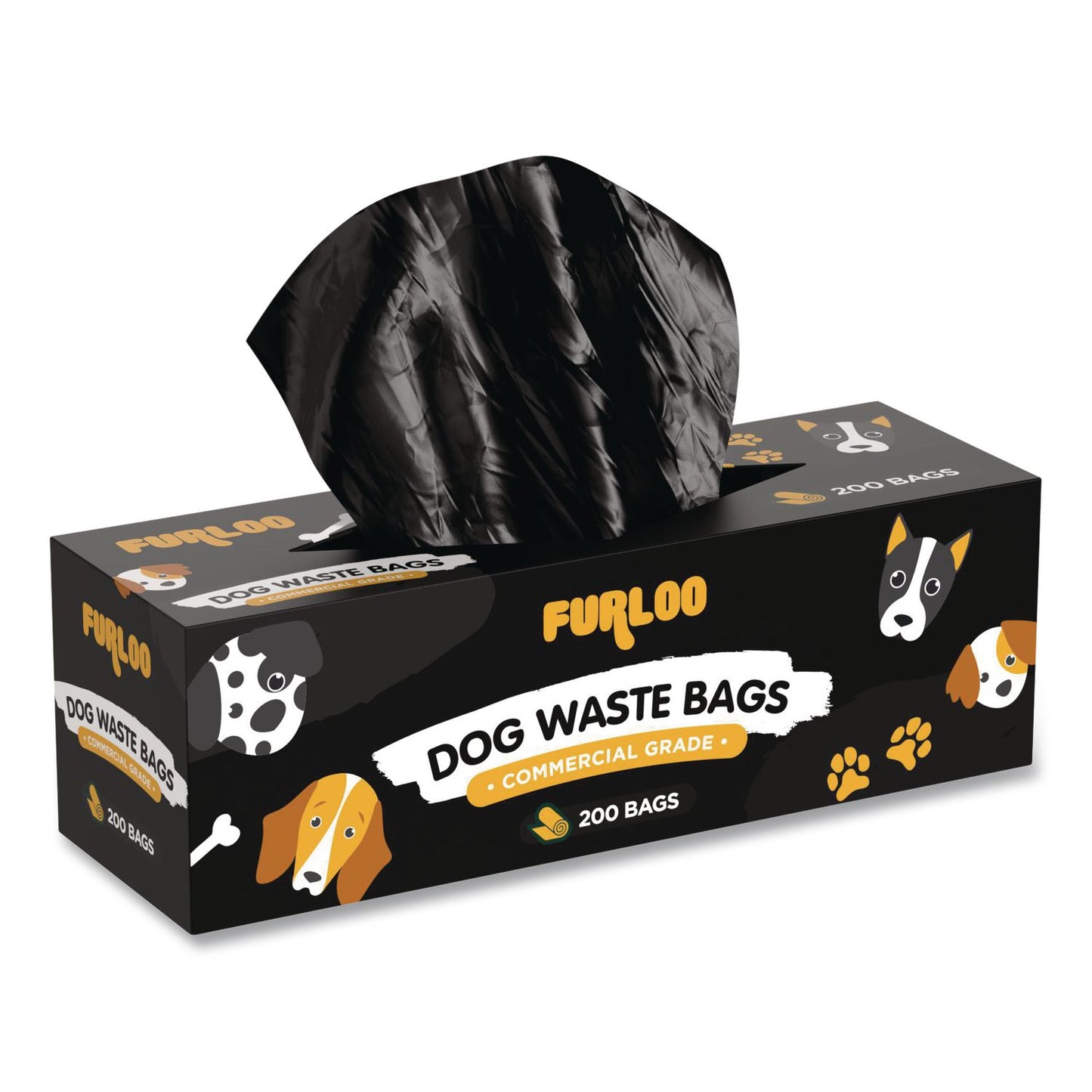 Furloo Commercial Grade Dog Waste Station Refill Bags, Open-Face, 8" x 13", Black, 200 Bags/Roll, 10/Carton (GCEFLO210)