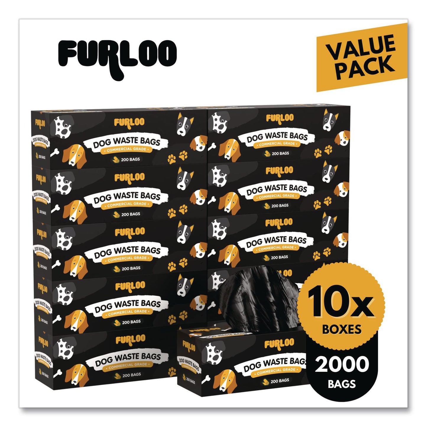Furloo Commercial Grade Dog Waste Station Refill Bags, Open-Face, 8" x 13", Black, 200 Bags/Roll, 10/Carton (GCEFLO210)