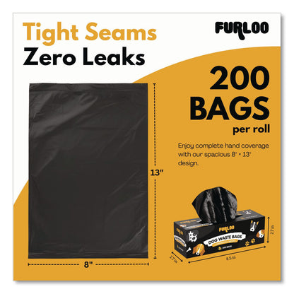 Furloo Commercial Grade Dog Waste Station Refill Bags, Open-Face, 8" x 13", Black, 200 Bags/Roll, 10/Carton (GCEFLO210)