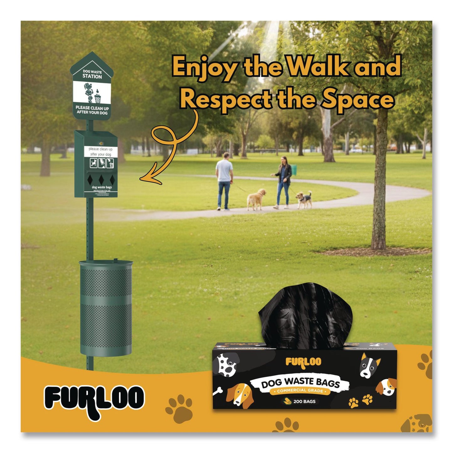 Furloo Commercial Grade Dog Waste Station Refill Bags, Open-Face, 8" x 13", Black, 200 Bags/Roll, 10/Carton (GCEFLO210)
