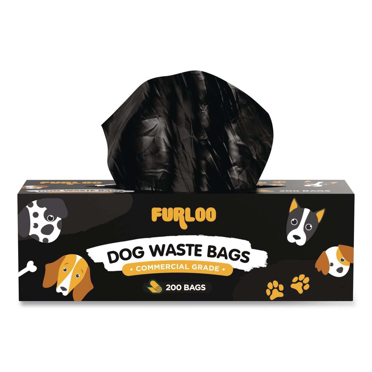 Furloo Commercial Grade Dog Waste Station Refill Bags, Open-Face, 8" x 13", Black, 200 Bags/Roll, 20/Carton (GCEFLO220)