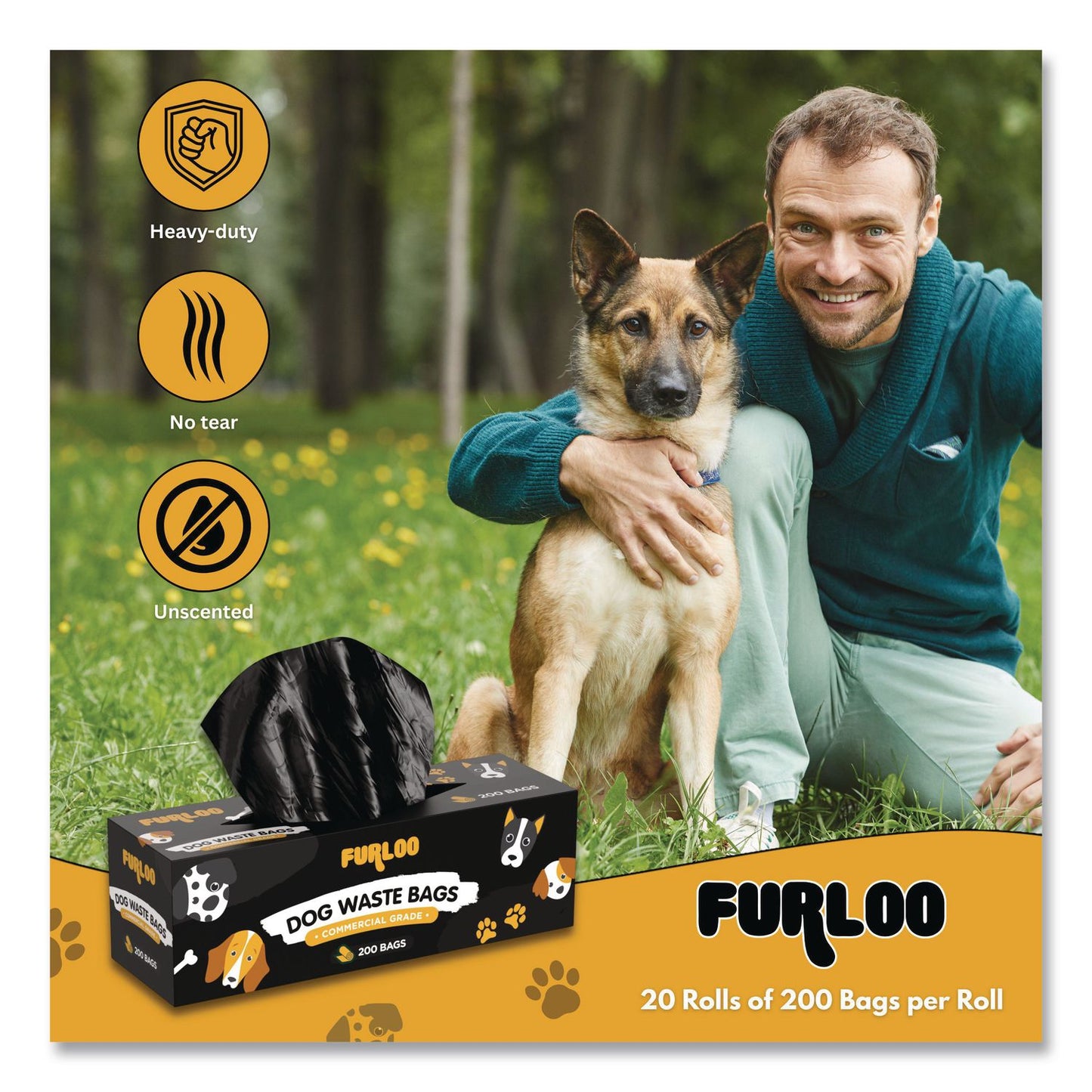 Furloo Commercial Grade Dog Waste Station Refill Bags, Open-Face, 8" x 13", Black, 200 Bags/Roll, 20/Carton (GCEFLO220)