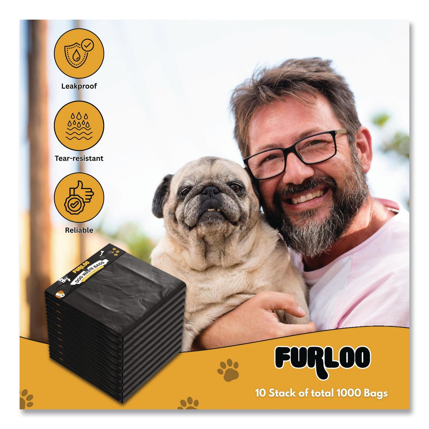 Furloo Pet Waste Station Header Heavy-Duty Leak-Resistant Dog Waste Refill Bags, Open-Face, 8.5" x 13.4", Black, 1000 Bags/Carton (GCEFLO2110)