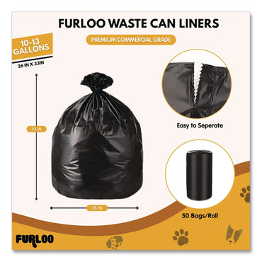 Furloo 13-Gallon Heavy Duty Dog Waste Station Can Liners, Open-Face, 13 gal, 26" x 33", Black, 50 Bags (GCEFLO22)
