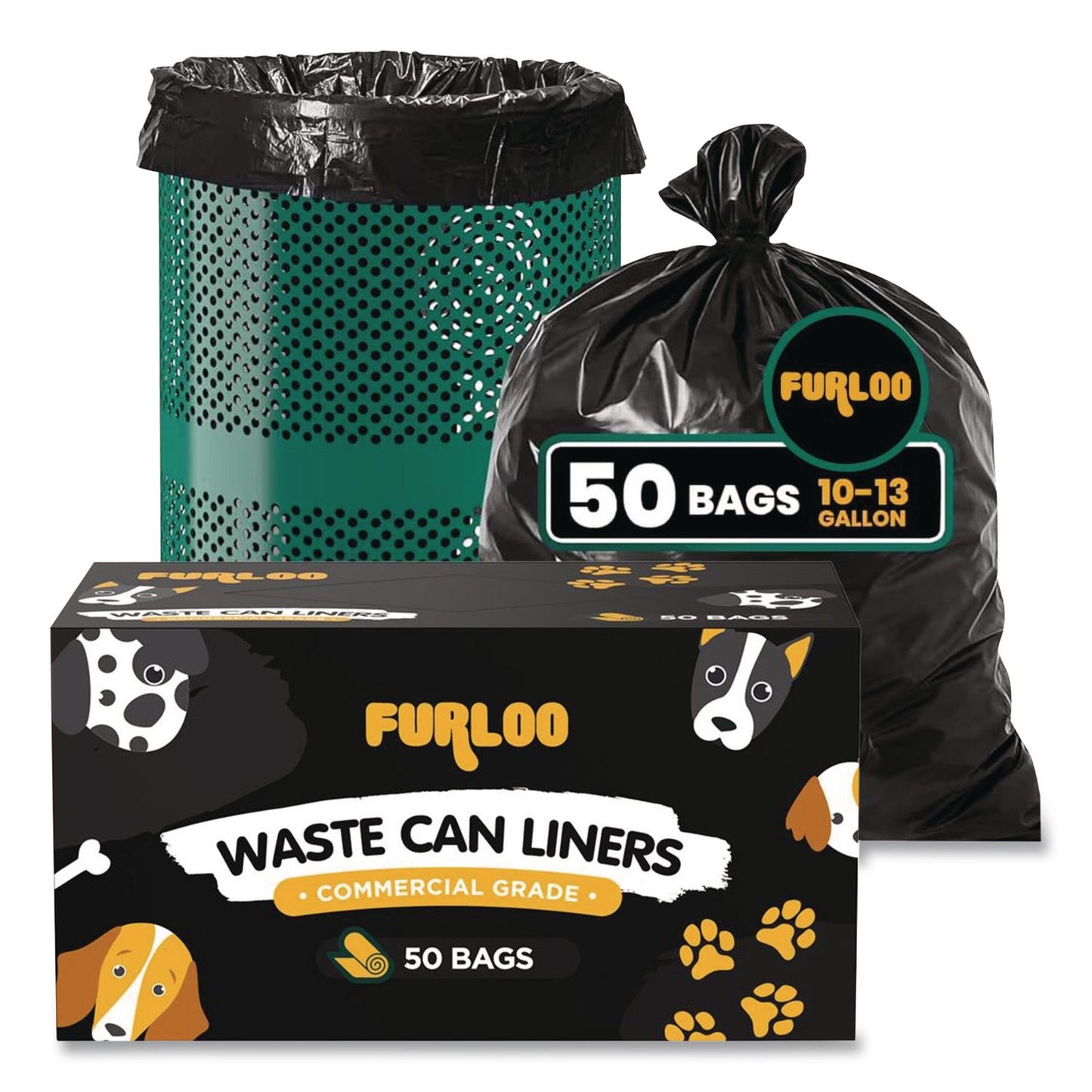 Furloo 13-Gallon Heavy Duty Dog Waste Station Can Liners, Open-Face, 13 gal, 26" x 33", Black, 50 Bags (GCEFLO22)