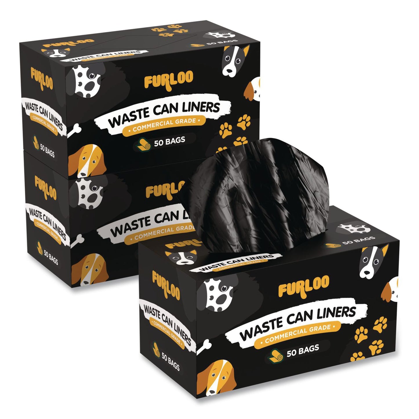 Furloo 13-Gallon Heavy Duty Dog Waste Station Can Liners, Open-Face, 13 Gallons, 26" x 33", Black, 50 Bags/Roll, 2/Pack (GCEFLO222PK)