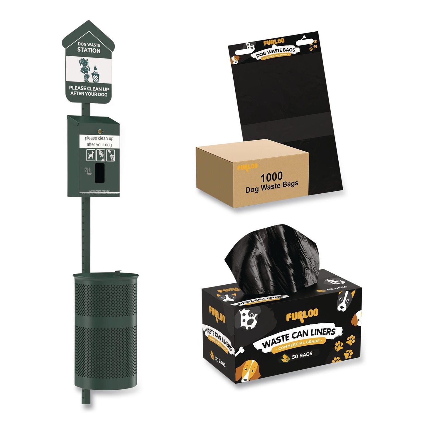 Furloo Pet Waste Station Starter Kit with Header Bag Dispenser, Bags and Liners, 11.5 gal, Top Door, Green (GCEFLO1HSGB)