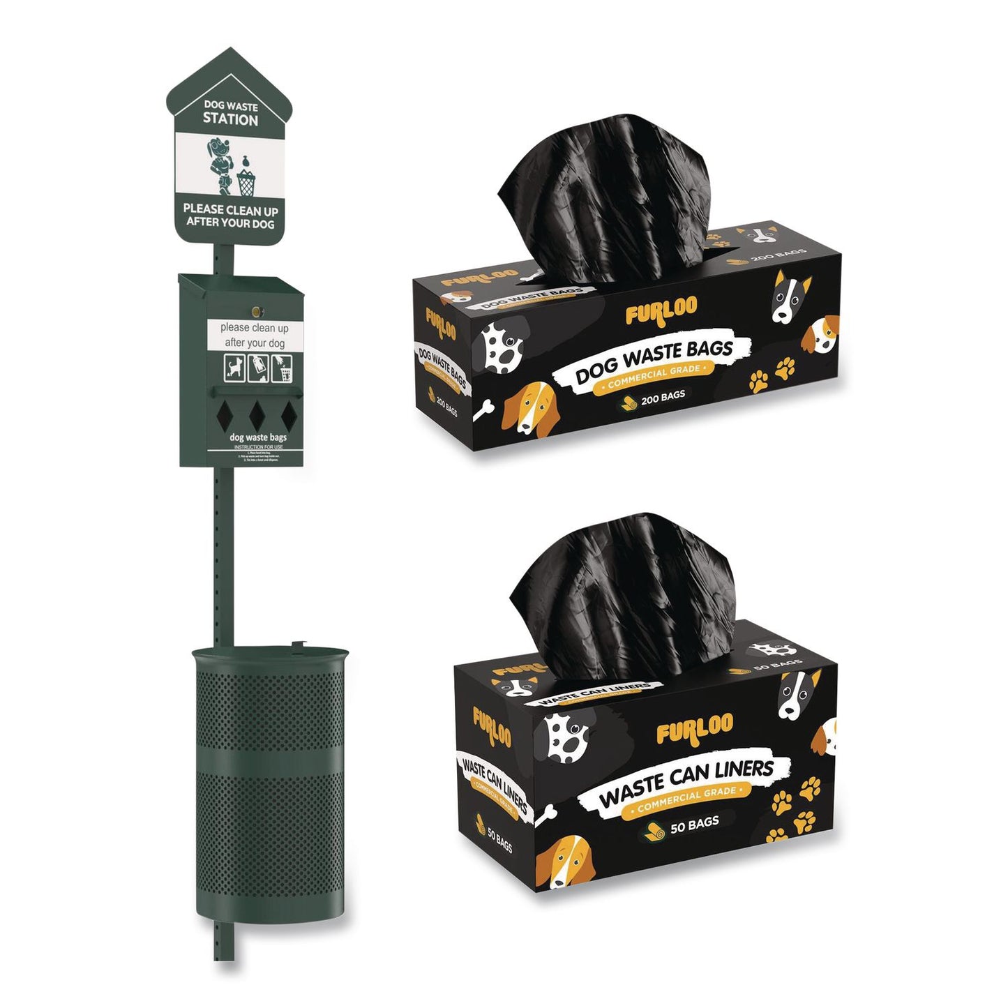 Furloo Pet Waste Station Starter Kit with Roll Bag Dispenser, Bags and Liners, 11.5 gal, Top Door, Green (GCEFLO1RSGB)