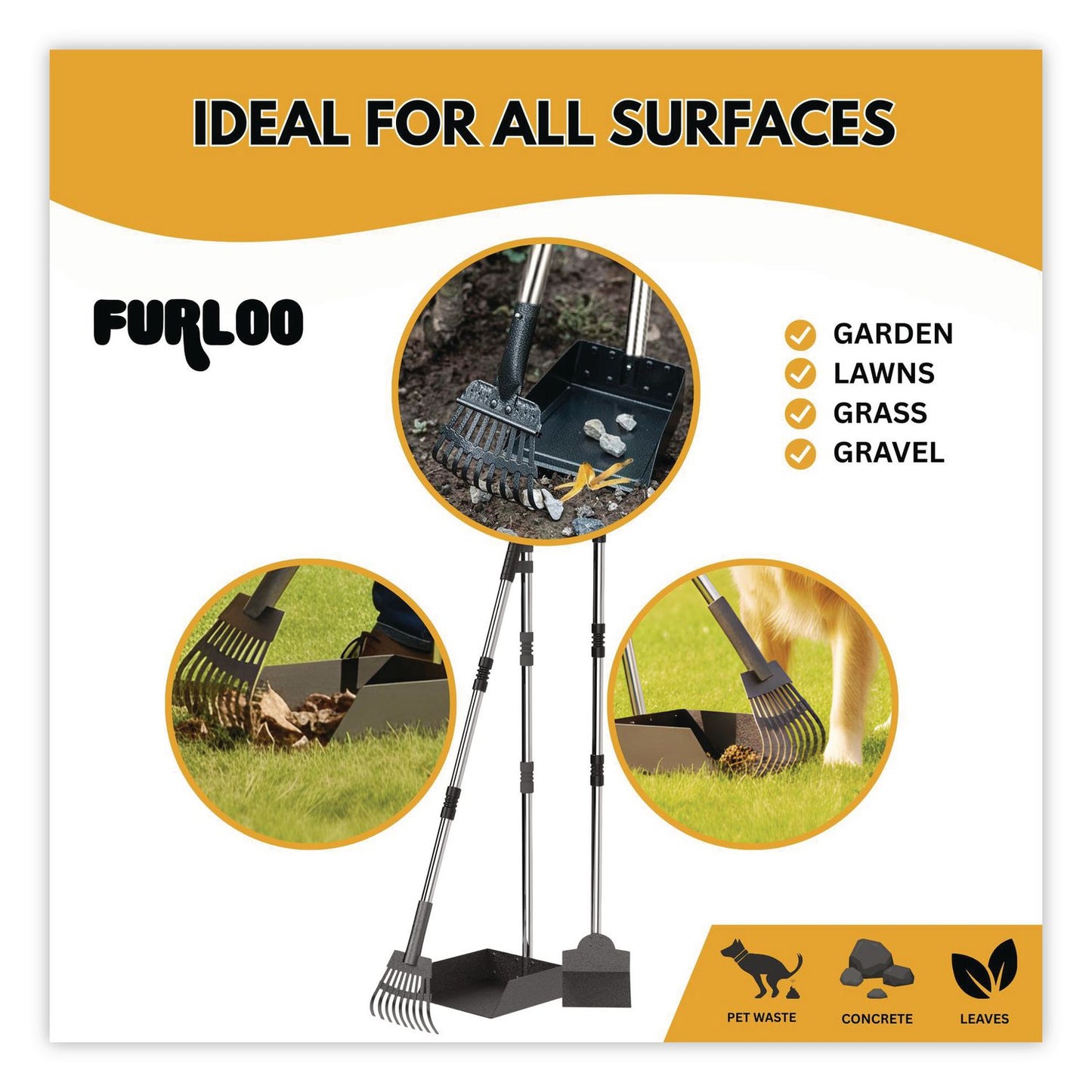 Furloo Dog Pooper Scooper Set with Heavy-Duty Metal Tray, Rake and Spade, 37.8" Length Black/Silver (GCEFLO3)