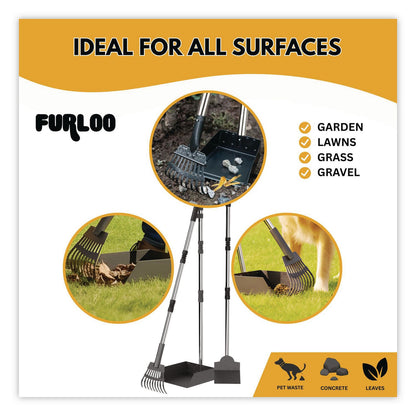Furloo Dog Pooper Scooper Set with Heavy-Duty Metal Tray, Rake and Spade, 37.8" Length Black/Silver (GCEFLO3)