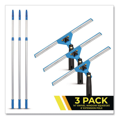 Gritt Commercial Pro Window Washing Kit with Swivel Squeegee and 6 ft Telescopic Pole, 14" Wide Blade, 3/Kit (GCEGRI1306F143P)