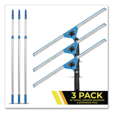 Gritt Commercial Pro Window Washing Kit with Swivel Squeegee and 6 ft Telescopic Pole, 18" Wide Blade, 3/Kit (GCEGRI1306F183P)