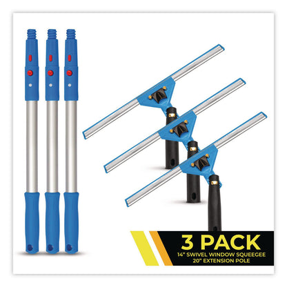 Gritt Commercial Pro Window Washing Kit with Swivel Window Squeegee and 20" Pole, 14" Wide Blade, 3/Kit (GCEGRI1313PK)