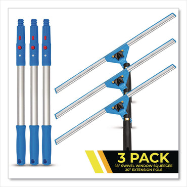 Gritt Commercial Pro Window Washing Kit with Swivel Window Squeegee and 20" Pole, 18" Wide Blade, 3/Kit (GCEGRI131183PK)