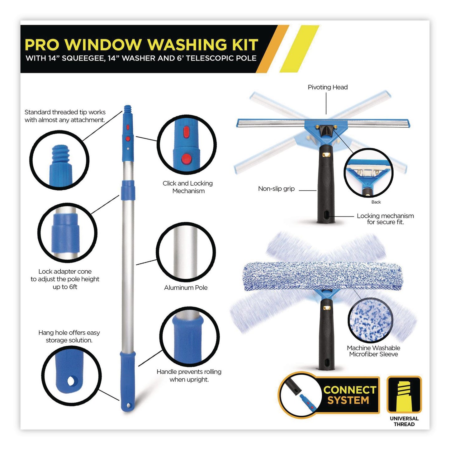 Gritt Commercial Pro Window Washing Kit with Squeegee, Washer and 6 ft Telescopic Pole, 14" Wide, 2/Kit (GCEGRI1376F142P)