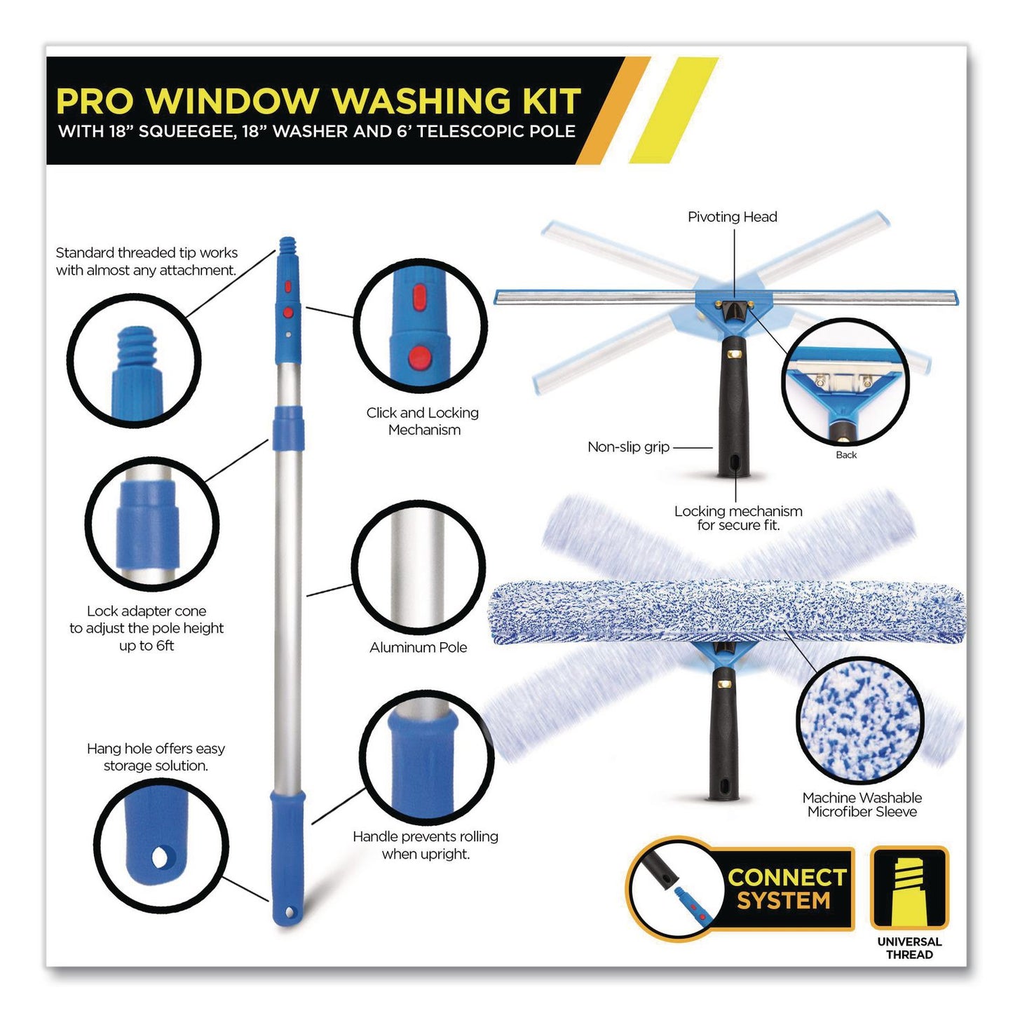 Gritt Commercial Pro Window Washing Kit with 14" Wide Blade Squeegee, Washer, 6 ft Telescopic Pole and 3 gal Heavy-Duty Bucket, 2/Kit (GCEGRI137B6F142)