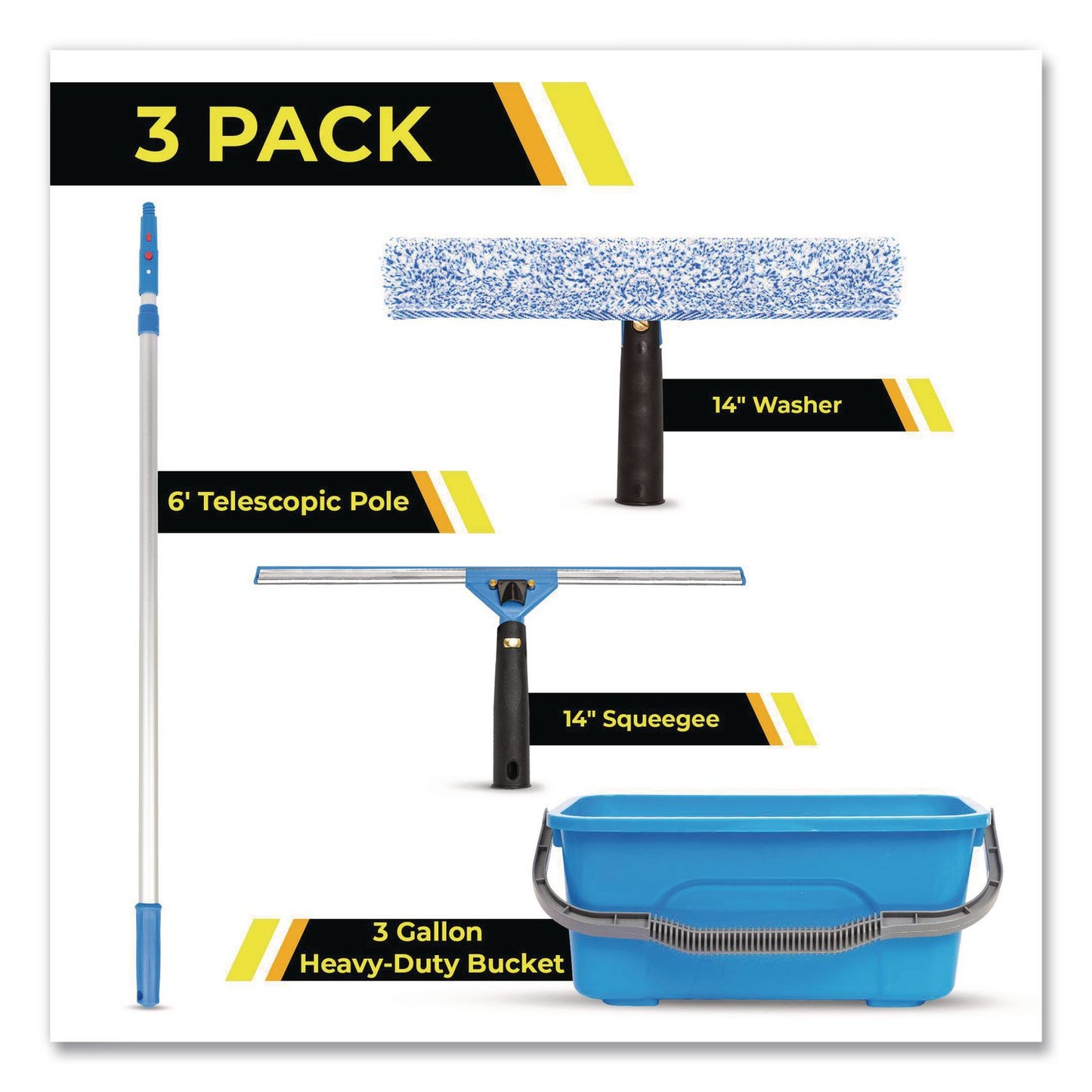 Gritt Commercial Pro Window Washing Kit with 14" Wide Blade Squeegee, Washer, 6 ft Telescopic Pole and 3 gal Heavy-Duty Bucket, 3/Kit (GCEGRI137B6F143)