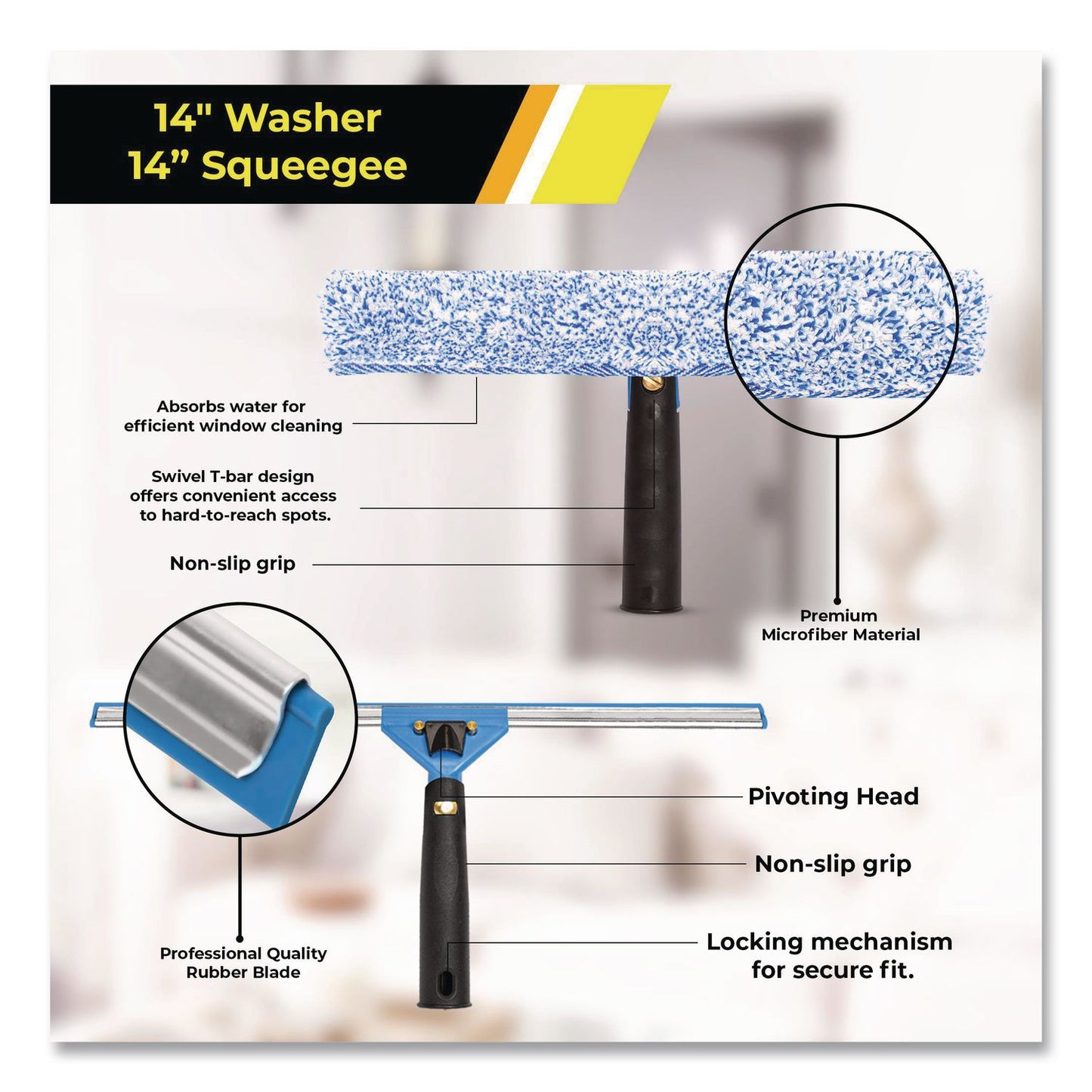 Gritt Commercial Pro Window Washing Kit with Squeegee, Washer and 20" Pole, 14" Wide Blade, 2/Kit (GCEGRI1382PK)