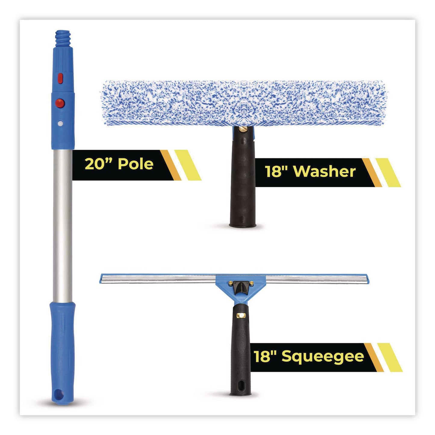 Gritt Commercial Pro Window Washing Kit with Squeegee, Washer and 20" Pole, 18" Wide Blade (GCEGRI13818)