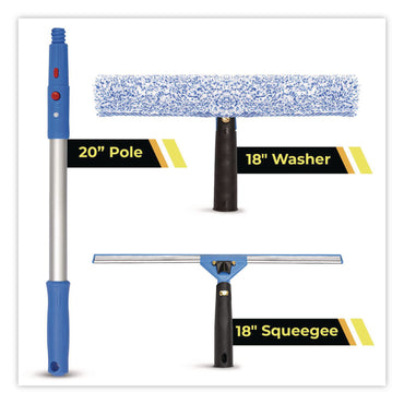 Gritt Commercial Pro Window Washing Kit with Squeegee, Washer and 20" Pole, 18" Wide Blade (GCEGRI13818)