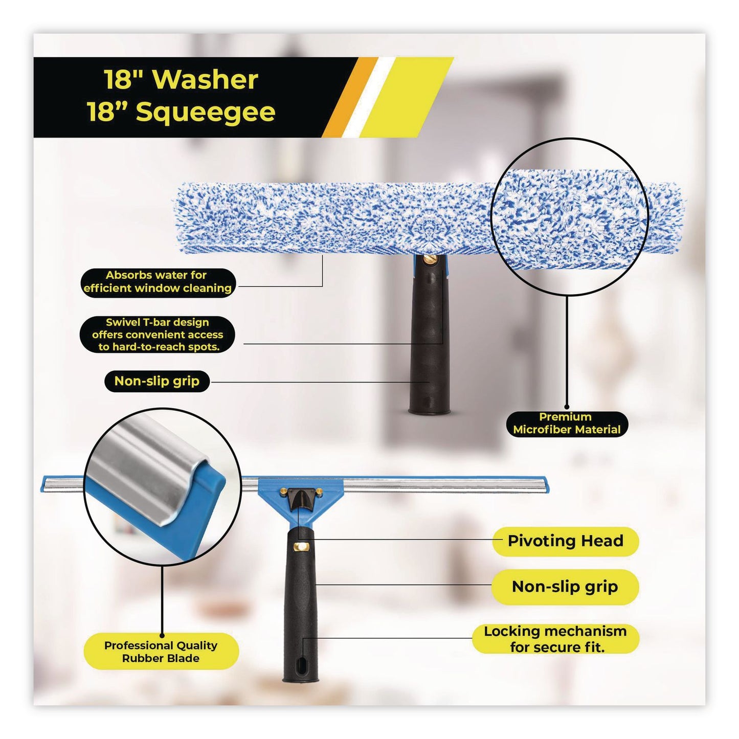 Gritt Commercial Pro Window Washing Kit with Squeegee, Washer and 20" Pole, 18" Wide Blade (GCEGRI13818)