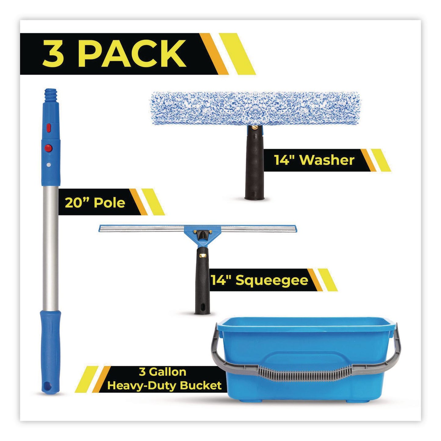 Gritt Commercial Pro Window Cleaning Kit with 14" Squeegee, 14" Washer, 20" Pole and 3 Gallon Heavy-Duty Bucket, 3/Kit (GCEGRI138B3PK)