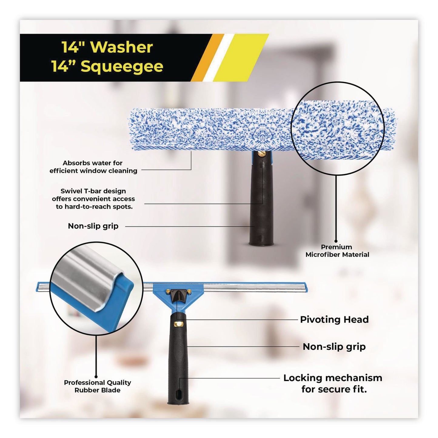 Gritt Commercial Pro Window Cleaning Kit with 14" Squeegee, 14" Washer, 20" Pole and 3 Gallon Heavy-Duty Bucket, 3/Kit (GCEGRI138B3PK)