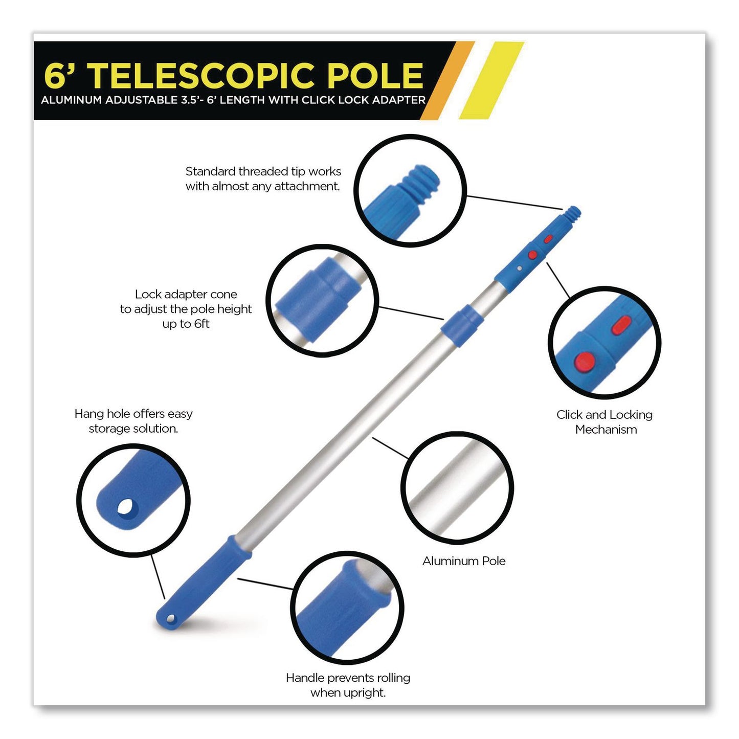 Gritt Commercial 6 ft Telescopic Aluminum Extension Pole with Click/Lock Adapter Cone, 3.5 ft to 6 ft, Blue/Silver, 3/Pack (GCEGRI1066F3PK)