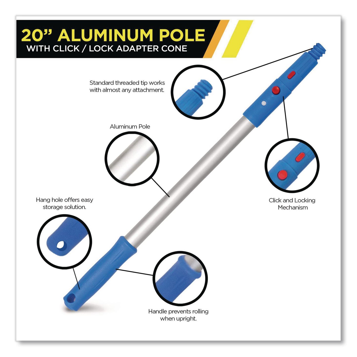 Gritt Commercial 20" Aluminum Pole with Click/Lock Adapter Cone, Blue/Silver, 2/Pack (GCEGRI1072PK)