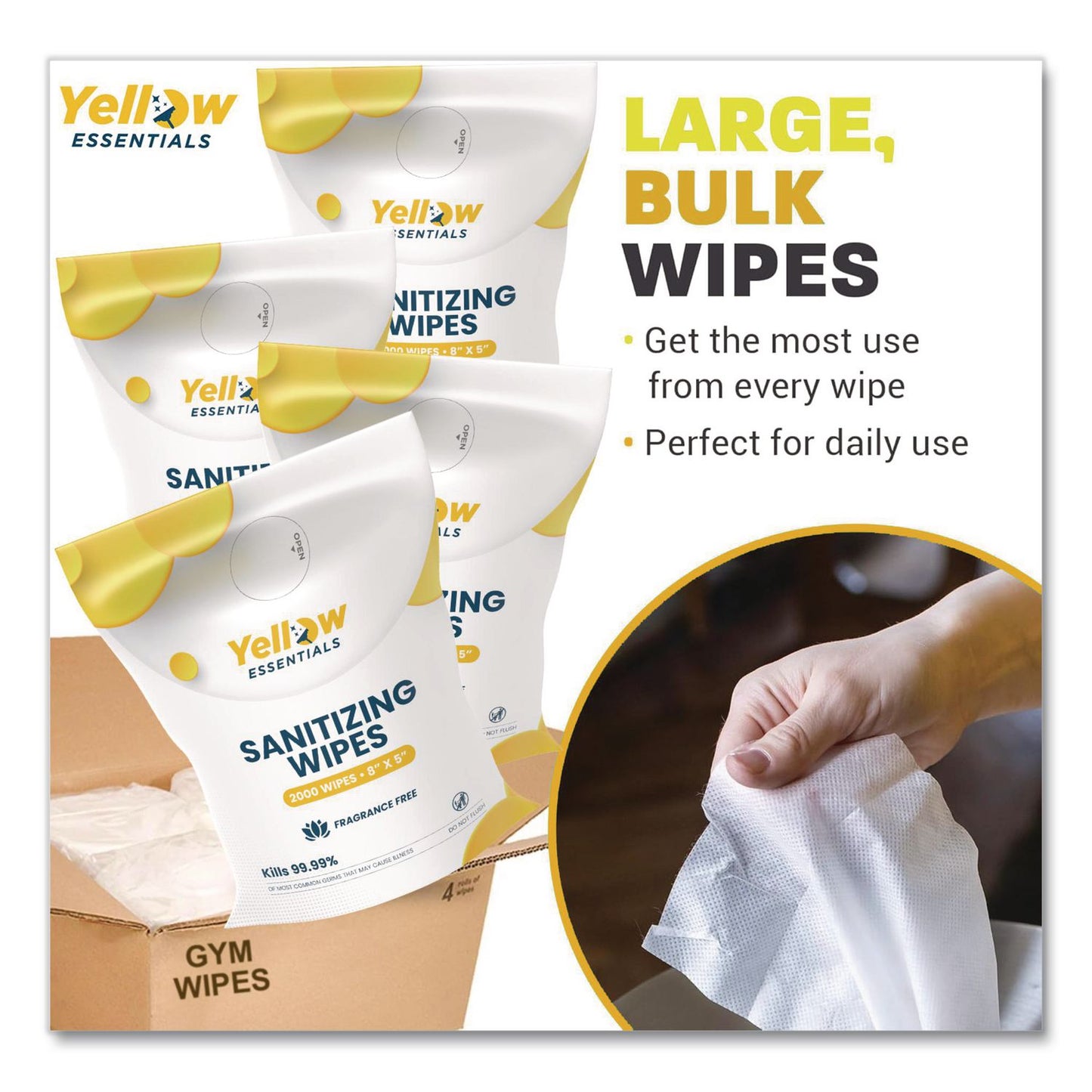 Gritt Commercial Yellow Essentials Sanitizing Wipes, 5 x 8, Unscented, White, 2,000/Refill Bag, 4 Refill Bags/Carton (GCEYE00120004PK)