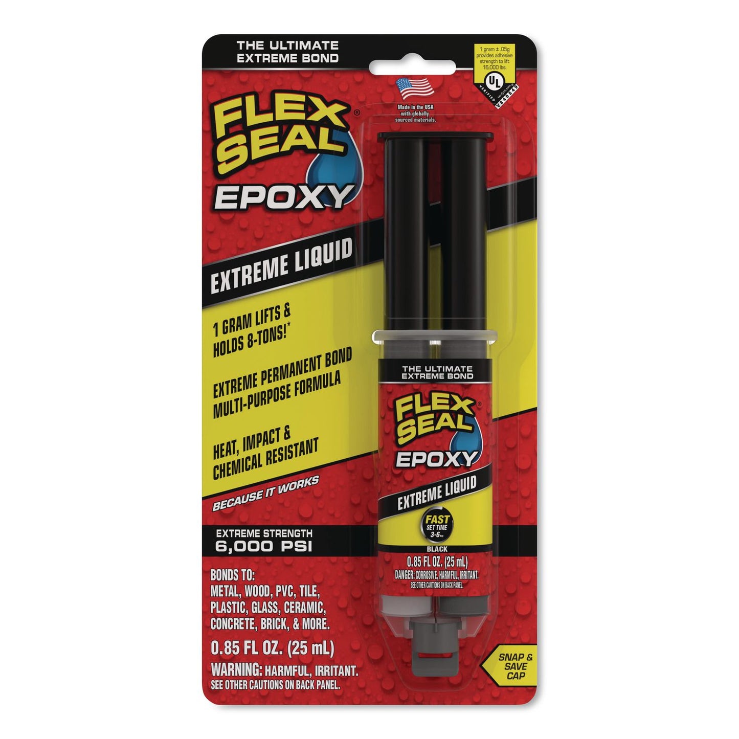 Flex Seal Products® Flex Epoxy Extreme Liquid, Two-Part Syringe, 0.8 oz, Dries Black, 8/Carton (FSGEFSBLKR25)