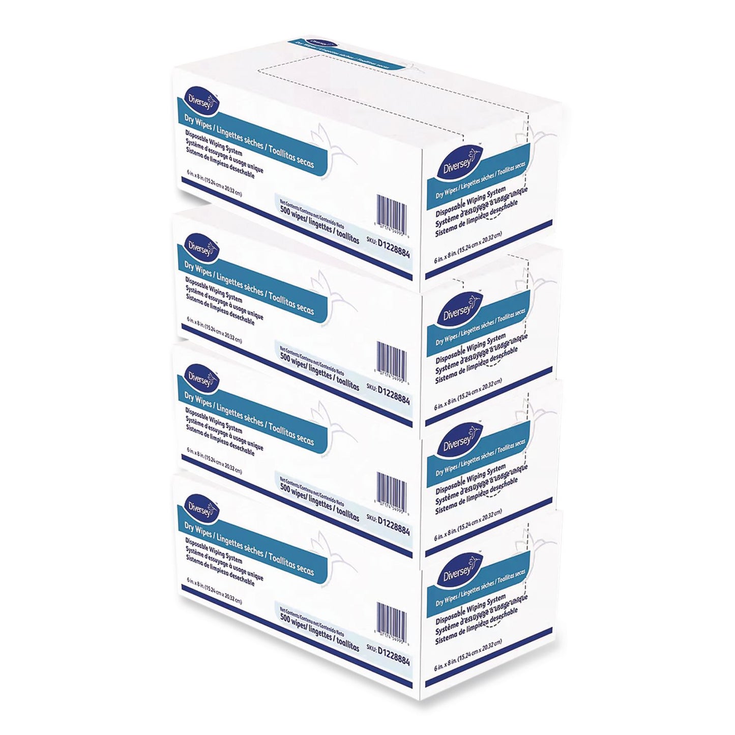 Diversey™ Dry Wipe Disposable Wiping System, 1-Ply, 6 x 8, Unscented, White, 500/Box, 4 Boxes/Carton (DVOD1228884)