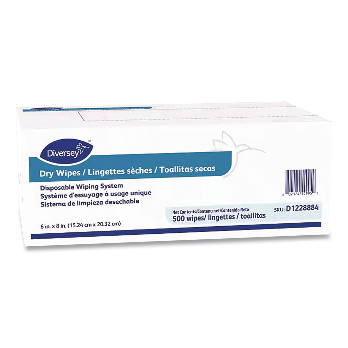 Diversey™ Dry Wipe Disposable Wiping System, 1-Ply, 6 x 8, Unscented, White, 500/Box, 4 Boxes/Carton (DVOD1228884)