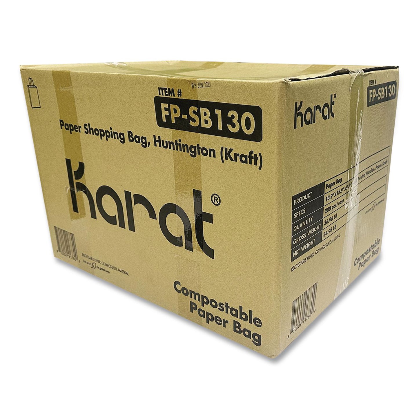 Karat® Huntington Paper Shopping Bag, Rope Handles, Large Size, 13.4 x 9.3 x 15.9, Kraft, 200/Carton (KRTFPSB130)