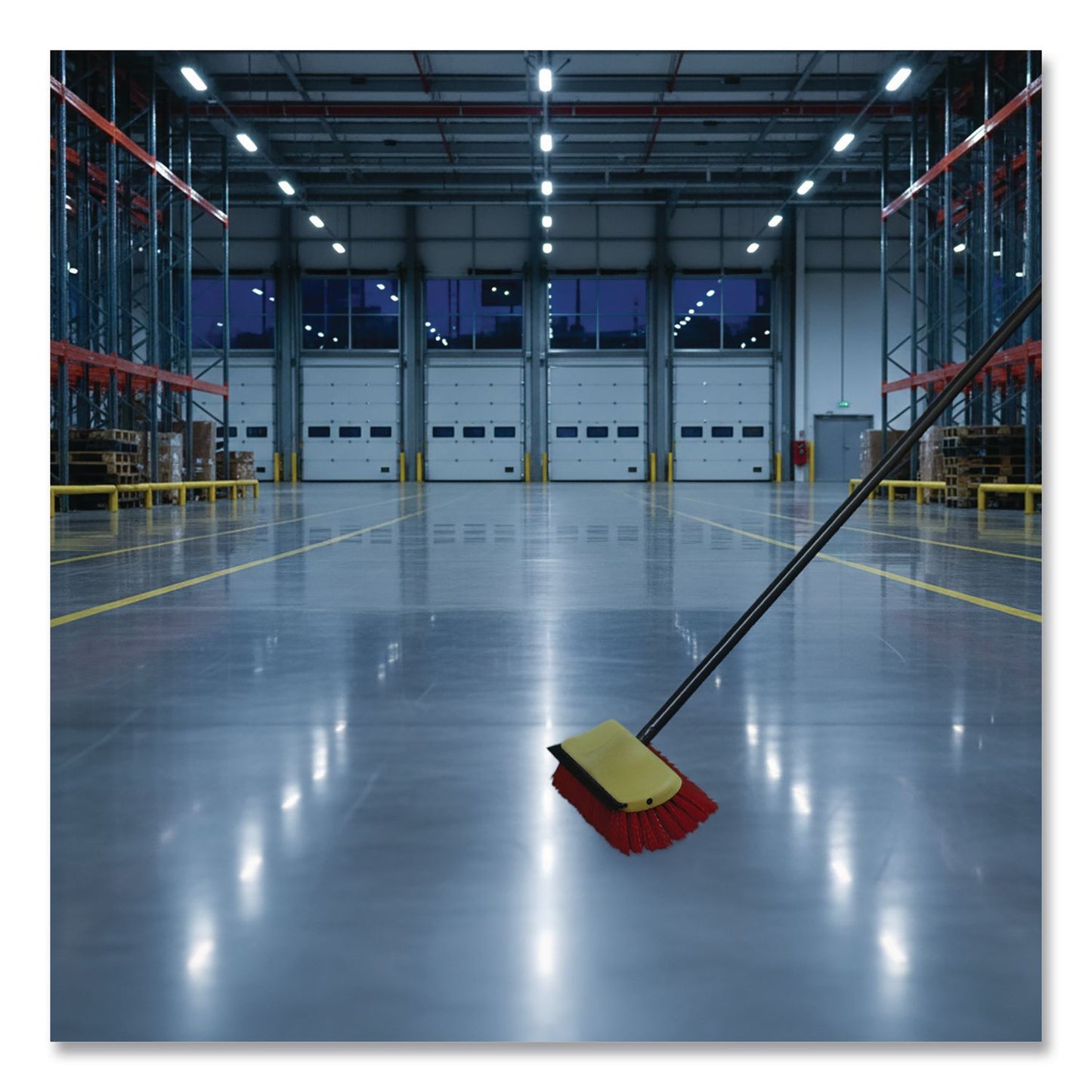 O-Cedar® Commercial Bi-Level Floor Scrub Brush, Red Polypropylene Bristles, 10" Brush, 54" Black Metal Handle, 6/Carton (NCP6615CT)