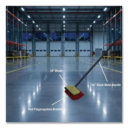 O-Cedar® Commercial Bi-Level Floor Scrub Brush, Red Polypropylene Bristles, 10" Brush, 54" Black Metal Handle, 6/Carton (NCP6615CT)