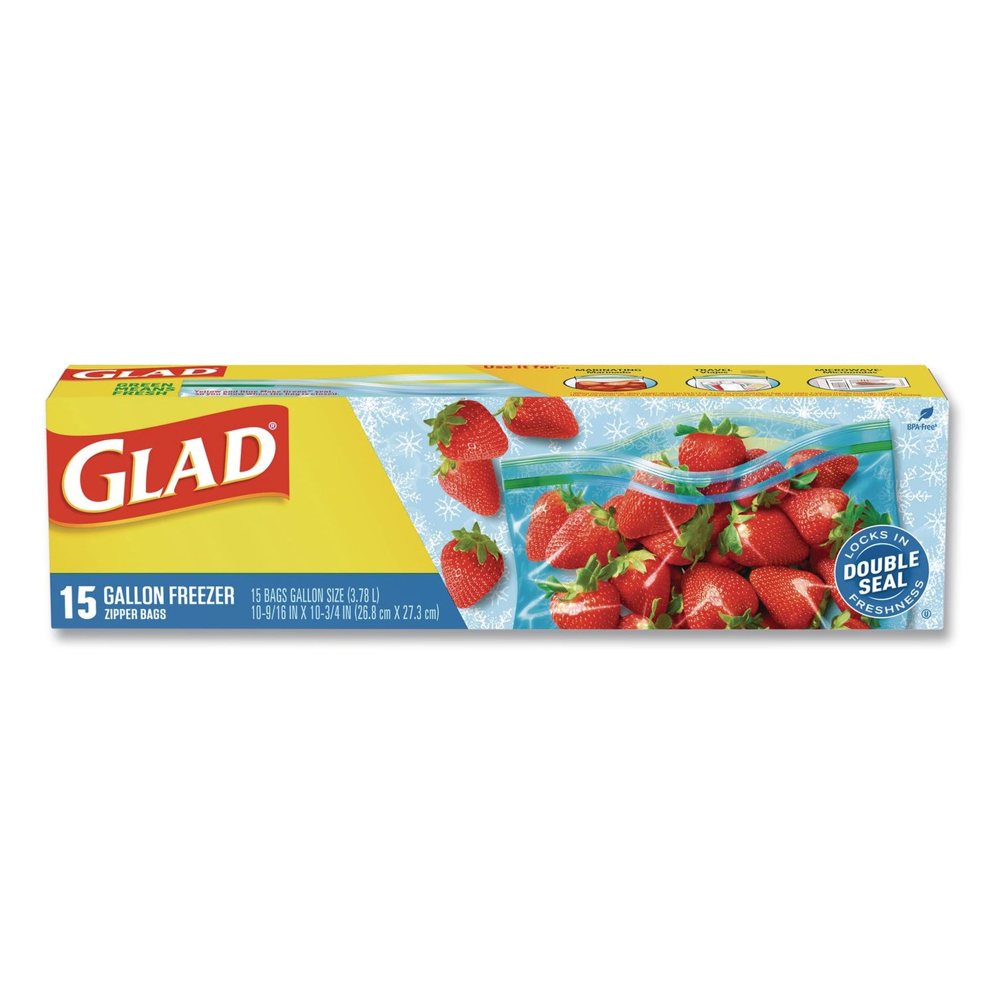 Glad® Zipper Food Storage Plastic Bags, Gallon Size, 10.75 x 10.38, Clear, 15 Bags (CLO57034EA)