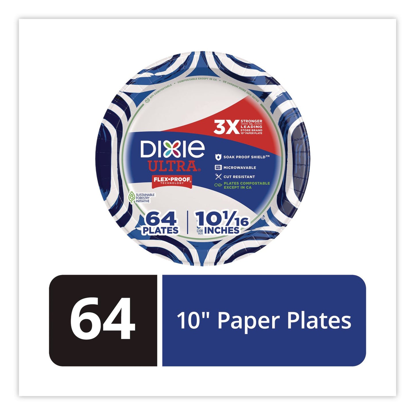 Dixie® Ultra® Paper Plate with Flex-Proof Technology, 10" dia, Multicolor, 64/Pack (DXE16525)