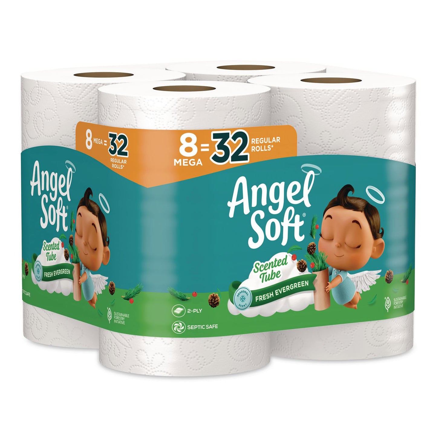 Angel Soft® Mega Toilet Paper, Limited Edition Fresh Evergreen Scent Tube, Septic Safe, 2-Ply, White, 320 Sheets/Roll, 8 Rolls/Pack (GPC79461)