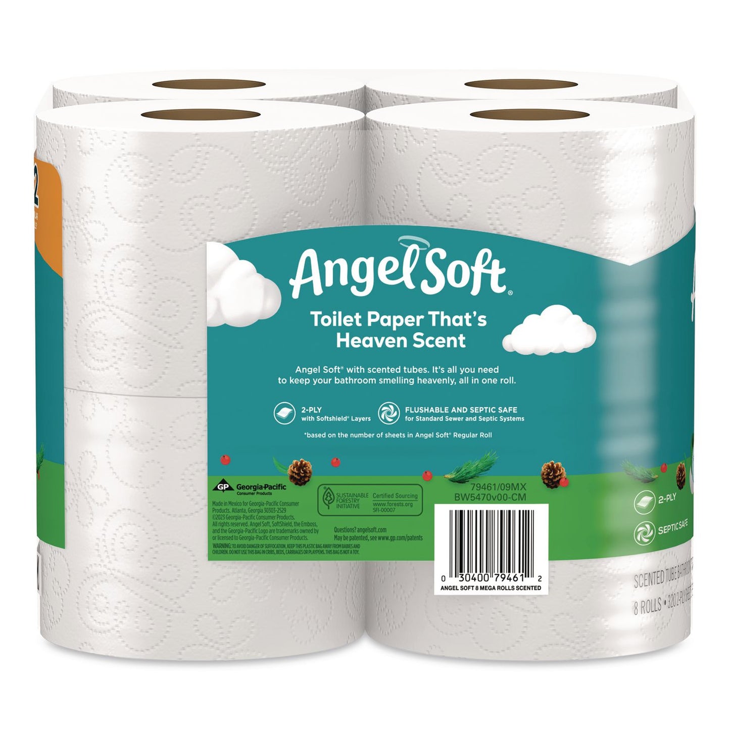 Angel Soft® Mega Toilet Paper, Limited Edition Fresh Evergreen Scent Tube, Septic Safe, 2-Ply, White, 320 Sheets/Roll, 8 Rolls/Pack (GPC79461)